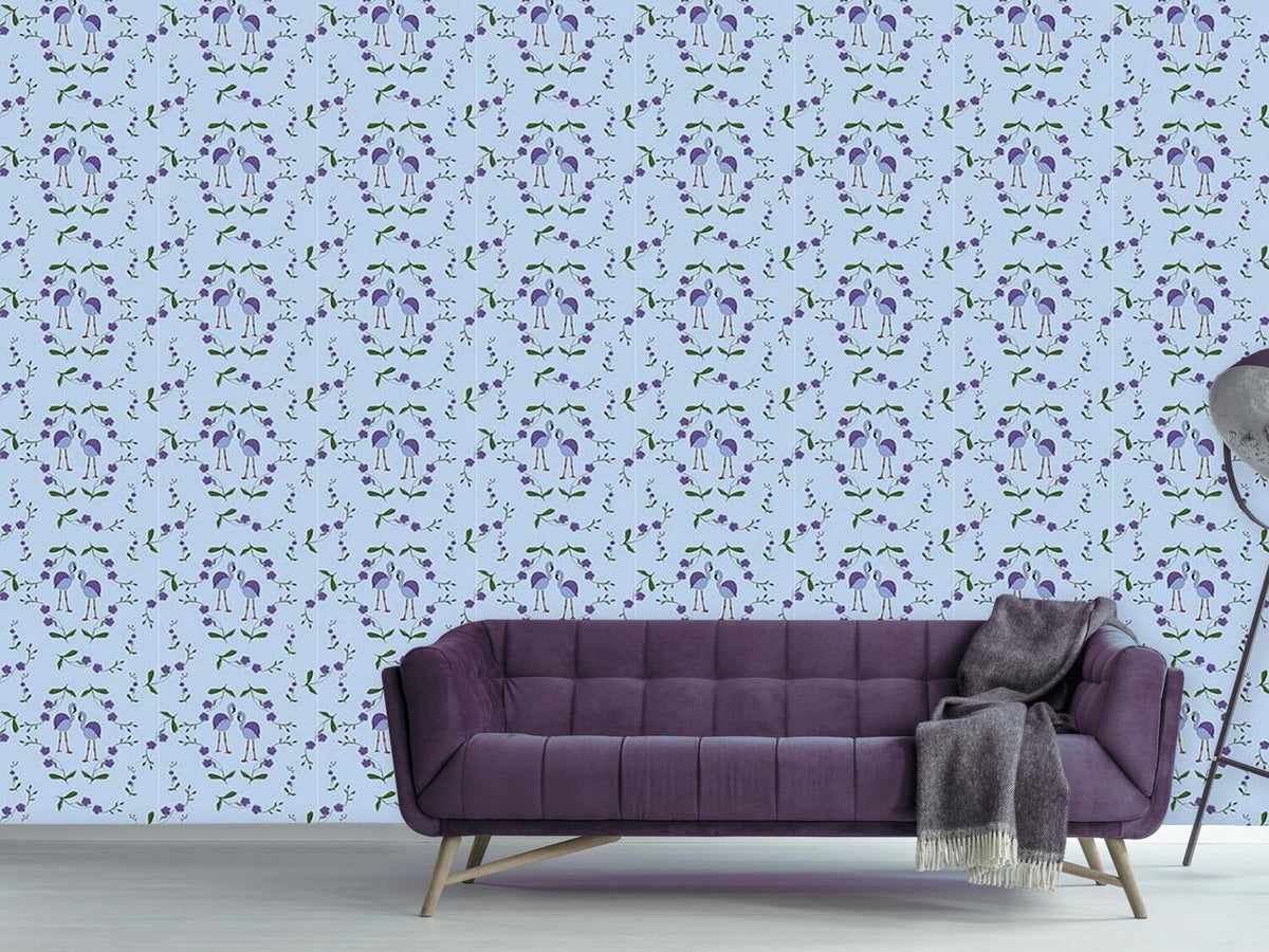 patterned-wallpaper-flamingos-under-blossoms