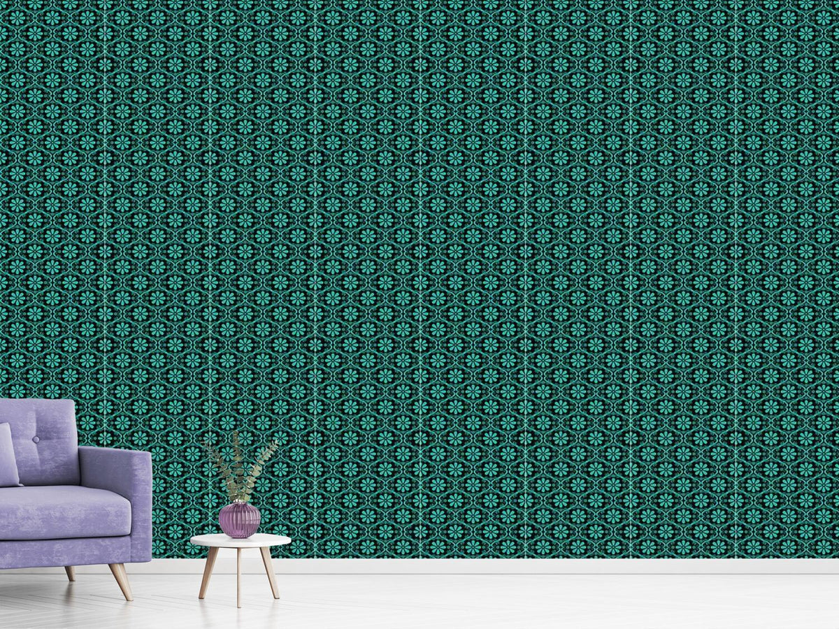 patterned-wallpaper-all-over-turquoise-flowers