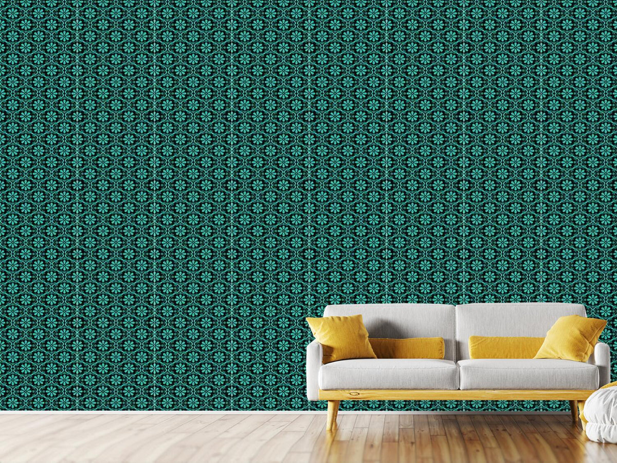 patterned-wallpaper-all-over-turquoise-flowers